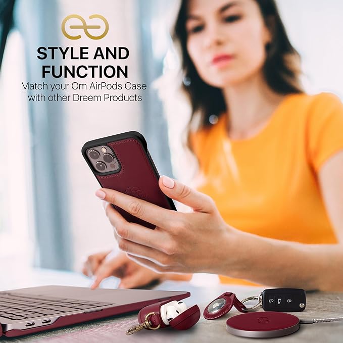 Dreem Om Case Cover with Keychain Clip Compatible with AirPods Pro 2/Pro, Protective One-Piece Hard Shell, Luxury Vegan Leather AirPod Pro Case 2nd/1st Generation with Separate Clip [Burgundy]