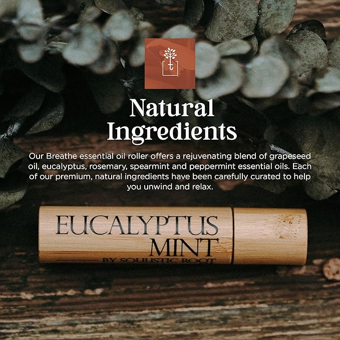 Eucalyptus Mint Essential Oil Roll On – Aromatherapy Blend w/Peppermint, Spearmint, Rosemary – Breathe Rollerball for Self Care, Spa, Energy, Wellness – 10ml Bottle - for Men & Women