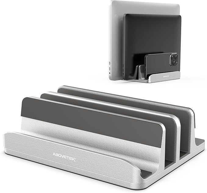 AboveTEK Vertical Laptop Stand, 3 Slots Aluminum Desk Laptop Holder & Laptop Docking Station Stand for MacBook, Tablet, Phone - Universal Fit (Up to 17.3") - Heavy Duty Polished, Anti Slide - Silver