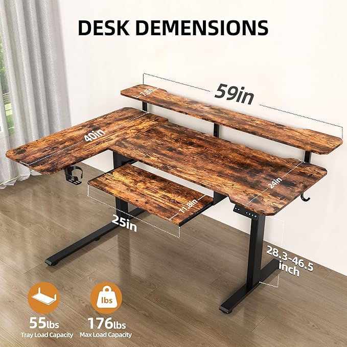 59 Inch L Shaped Standing Desk with Shelves and Keyboard, Electric Corner Standing Desk Adjustable Height, Sit Stand Computer Table with Reversiable Splice Board，Rustic Brown