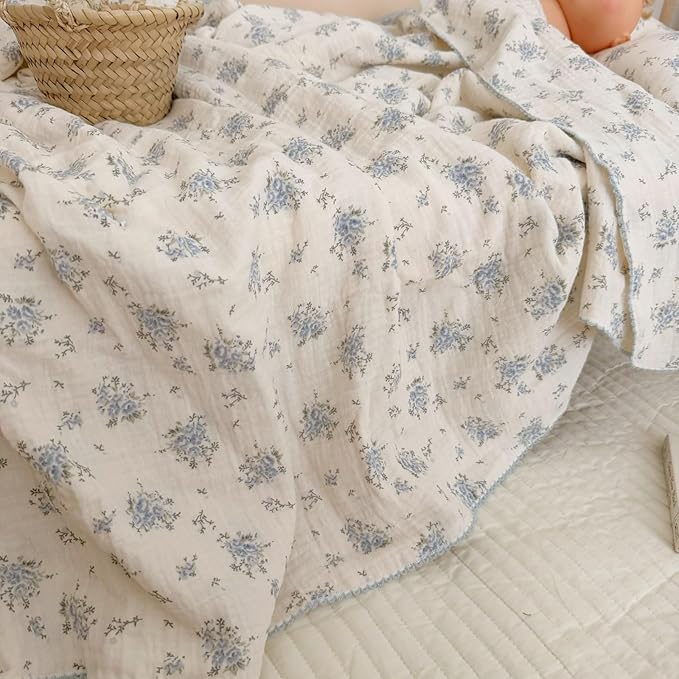 BuLuTu Blue Floral 100% Cotton Muslin Blanket Soft Lightweight Toddler Bed/Crib Quilt Shabby Chic Flower Theme Swaddle Blanket for Girls Boys Bedding Gift Room Decor, Fressia, 47"x51"