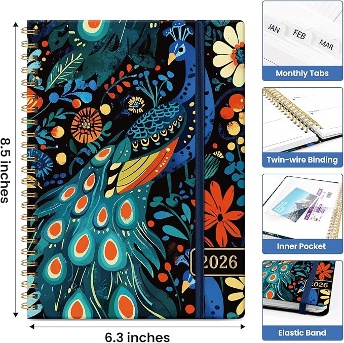 2026 Planner, Monthly and Weekly Calendar Planner for Women, January 2026 - December 2026, Hardcover Pretty 2026 Agenda Planner Book with Tabs, Spiral Bound, Perfect for School Office Home Supplies, 6.3" x 8.5" - Majestic Peacock