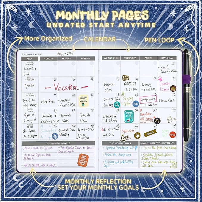2025 Undated Academic Planner Hardcover (5.5x8.5") - Flexible Weekly & Monthly Organizer with Stickers, Productivity Journal for Students & Professionals(Navy Blue)