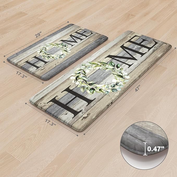 KIMODE Kitchen Mats for Floor 17"x47"+17"x29", Farmhouse Kitchen Rugs Sets of 2, Anti Fatigue Mats for Kitchen Floor, Cushioned Comfort Kitchen Floor Mats for Sink, Laundry, Desk Grey