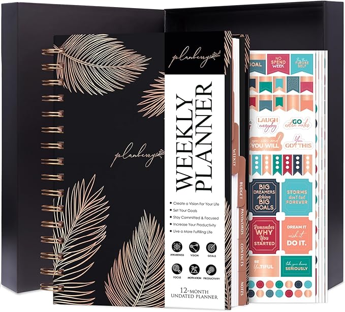 PLANBERRY Weekly Planner Premium – Undated Life Organizer & Budget Planner – Time Management, Goal Setting, to-Do List, Work-Life Balance & Habit Tracker – 6.9″ x 8.5″ (Onyx Black)