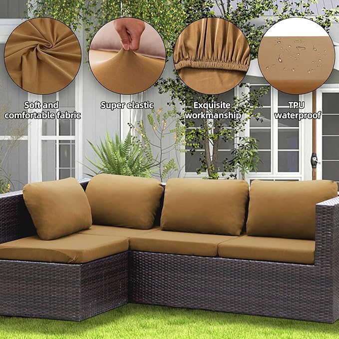 8Pcs Stretch Patio Cushion Covers Waterproof Outdoor Cushion Covers Patio Couch Cover Slipcovers, for Outdoor Furniture Protector Covers Replacement(Cover Only) (Camel)