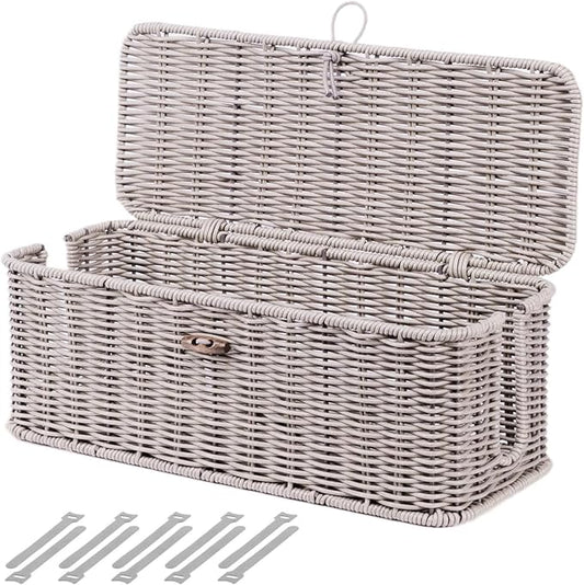 BROWNLILY Cable Management Box, Rattan Style Cord Organizer for Desk Cord Hider Outlet Covers Baby Proofing for Power Strip TV PC Router Charger Under Desk Storage with Lockable Lid and Cable Ties