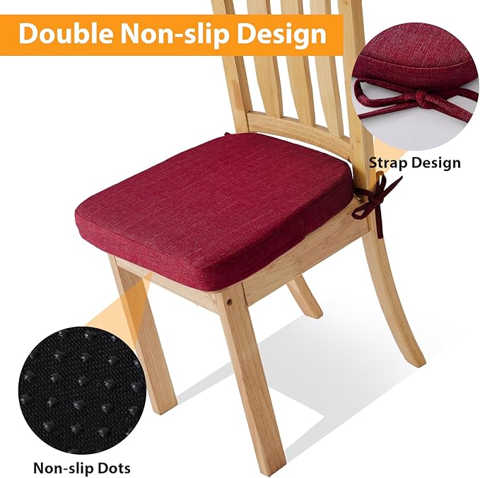 Chair Cushions for Dining Chairs, 2" Thick Seat Cushions for Kitchen Chairs, D-Shaped Chair Pads with Washable Cover, Ties and Non Slip Backing, 17'' x 16'', Set of 2, Red