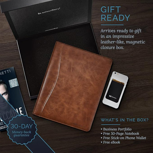 Leather Portfolio Folder - Business PU Leather Notepad Holder for Resumes, Legal Pad Executive Binder, Professional Padfolio Notebook for Women/Men (Brown)