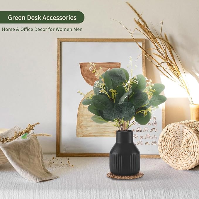 Artificial Eucalyptus Greenery Stems in Ceramic Vase,10Pcs Fake Plants Eucalyptus Leaves faux Plants for Centerpiece Table Decorations Home Room Decor office desk decor Greenery Decor indoor (Black)