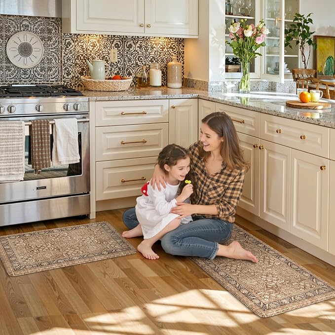 KIMODE Anti Fatigue Kitchen Mat, Boho Distressed Kitchen Rugs Sets of 2, Non Slip Kitchen Mat for Floor, Cushioned Comfort Standing Mat for Sink, Laundry, Office, Desk 17"x47"+17"x29"