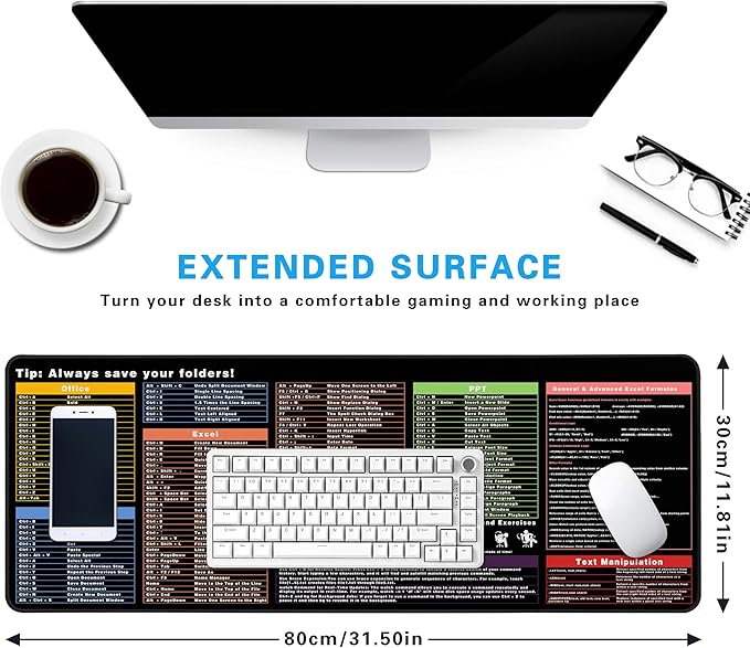 Excel Cheat Sheet Desk Pad, 31.5"x11.8", Waterproof Extra Large Excel Shortcut Mat with Stitched Edges, Anti-Slip Excel Mouse Pad for Office Desk, MS Excel/Word Shortcuts (Color Shortcut)