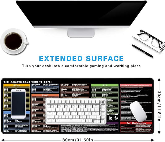 Excel Cheat Sheet Desk Pad, 31.5"x11.8", Waterproof Extra Large Excel Shortcut Mat with Stitched Edges, Anti-Slip Excel Mouse Pad for Office Desk, MS Excel/Word Shortcuts (Color Shortcut)