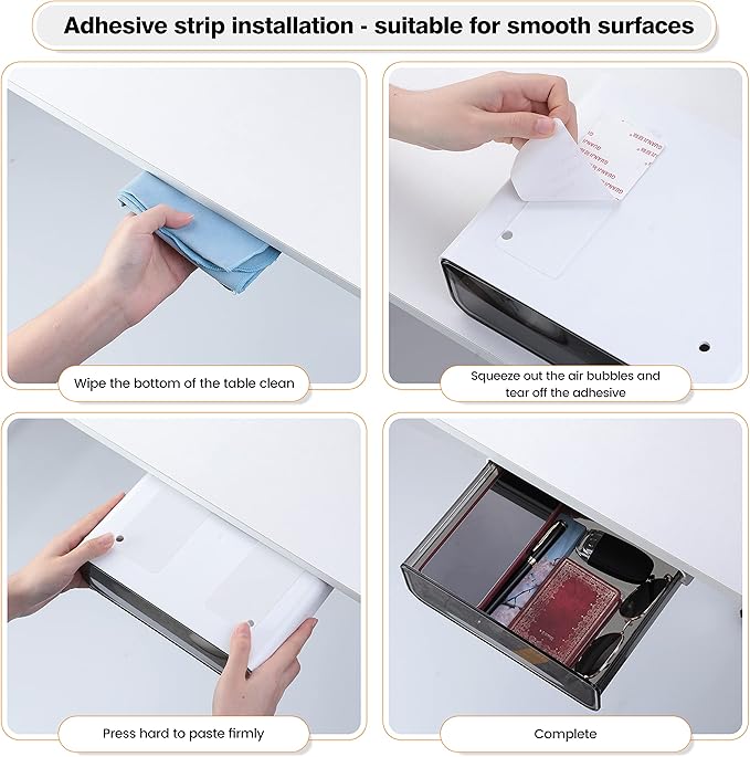 2 Pack Acrylic Self Adhesive Under Desk Drawer Slide Pull Out, Stick on Attachable Clear Black Plastic Storage Organizer, Hanging Mounted Attachment for Office, Kitchen, Cabinet, Table, Counter