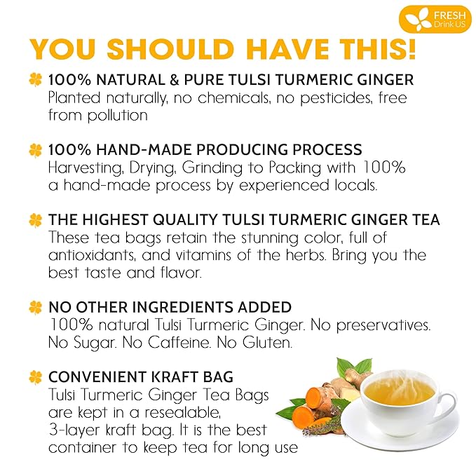FreshDrinkUS, Premium 55 Tulsi Turmeric Ginger Tea Bags, 100% Natural & Pure from Tulsi Holy Basil Leaves, Turmeric and Ginger. Made with Natural Material Tea Bags. No Sugar, No Caffeine, Vegan.