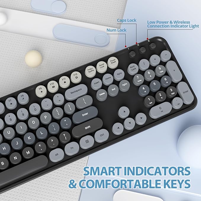Fogruaden Black Keyboard and Mouse Wireless, Retro Typewriter Keyboard, 2.4GHz 104 Keys Full Size Cute Keyboard with Number Pad, Gradient Colorful Round Keycaps for Windows PC Desktops Laptop