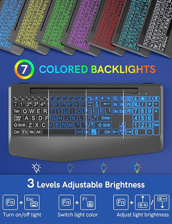 Wireless Keyboard with 7 Colored Backlits, Wrist Rest, Phone Holder, Rechargeable Ergonomic Computer Keyboard with Silent Keys, Full Size Lighted Keyboard for Windows, Mac, PC, Laptop (Large Print)