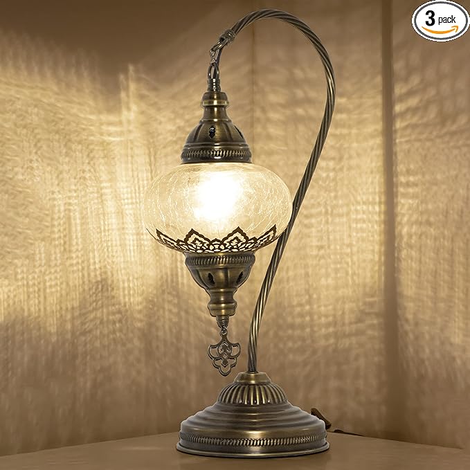 mozaist Turkish Moroccan Clear Glass Swan Neck Table Lamp, Authentic Vintage Bohemian Lamp Shade, Tiffany Style Gooseneck Office, Living Room Rustic Decor with E12 Socket & US Plug (Crack Clear)