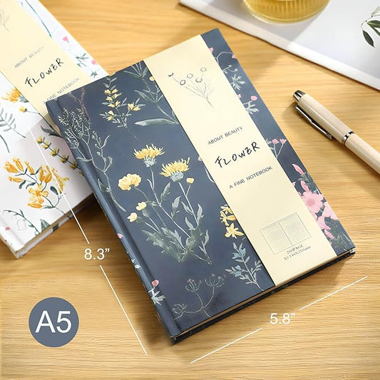 Floral Journal for women, Floret Hardcover Notebook, A5, 6x8, Medium Ruled Notebook, Lay-flat, Linen Journal, Notebooks for School, Writing Journal, Reading Journal, Plant Journal, Navy Blue