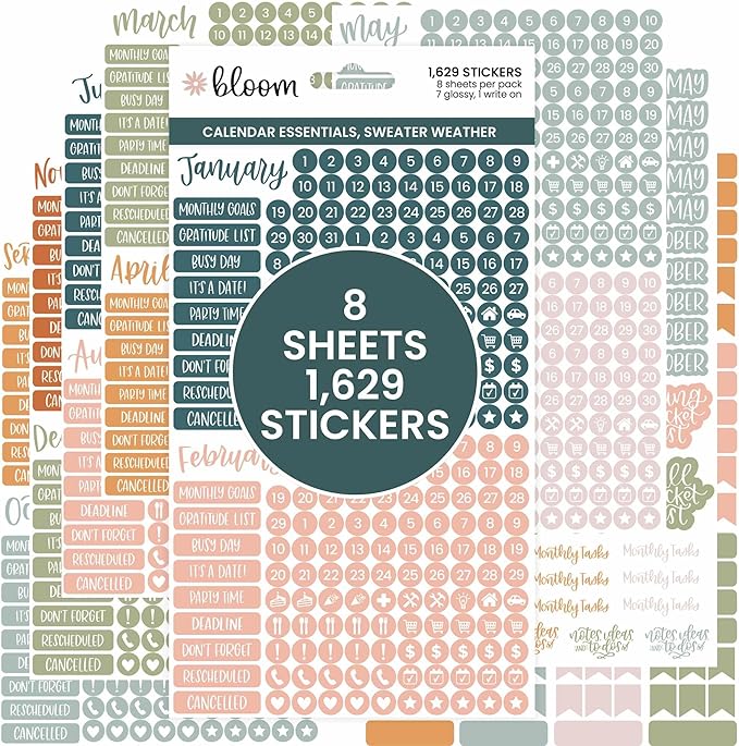 bloom daily planners Neutral Aesthetic Calendar Essentials Planner Stickers - 8 Sheets, 1629 Stickers Per Pack! - Color Coordinating Monthly Headings, Dates, Icons, Etc. - Sweater Weather