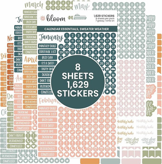 bloom daily planners Neutral Aesthetic Calendar Essentials Planner Stickers - 8 Sheets, 1629 Stickers Per Pack! - Color Coordinating Monthly Headings, Dates, Icons, Etc. - Sweater Weather