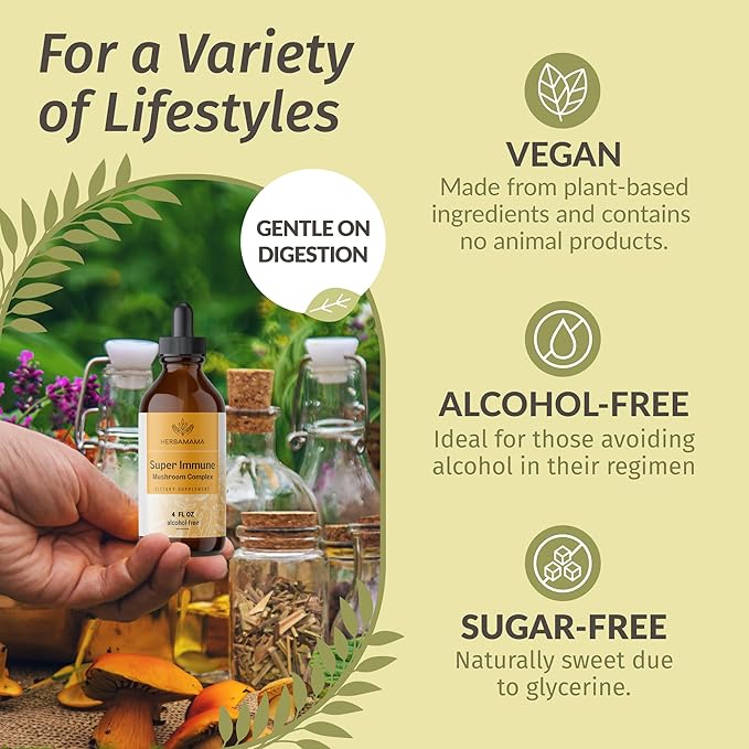 HERBAMAMA Super Immune Mushroom Supplement - Vegan 8-Mushroom Complex Blend with Reishi, Lion's Mane, Cordyceps & Chaga Extract - Non-GMO, Alcohol-Free, Sugar-Free Immunity Drops, 56-Day Supply