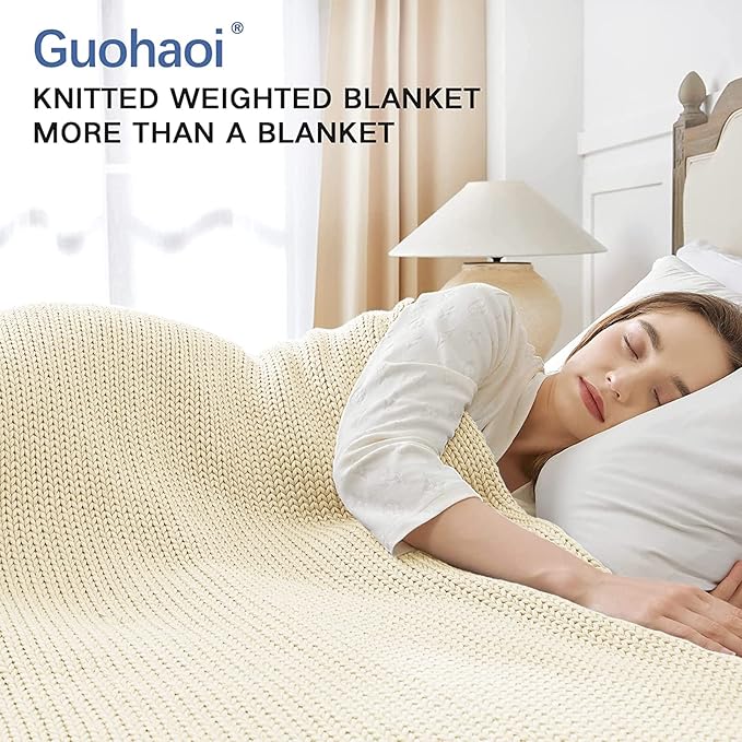 Guohaoi Knitted Weighted Blanket for Adults (Cream 50"x75" 12lbs) No Beads Cooling Throw Blanket for Hot Sleepers, Home Decor Breathable Chunky Knit Heavy Blanket Use on Full Size Bed