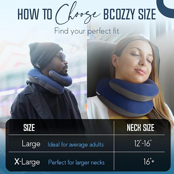 BCOZZY Organic Cotton Double Support Neck Pillow for Travel - 3 Ergonomic Positions for Head, Neck, and Chin Comfort - Ideal for Sleeping Upright on Flights, Cars, and at Home – Large, Navy