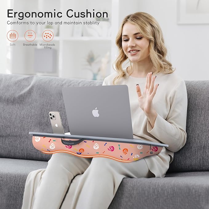 Lap Desk | Portable Laptop Desk – Fits Up to 17.3" Laptops – Detachable & Washable Cushion, Phone Holder, Device Ledge – for Writing, Working, Reading on Bed, Couch, Sofa, Floor – Millhome -Peach Pink