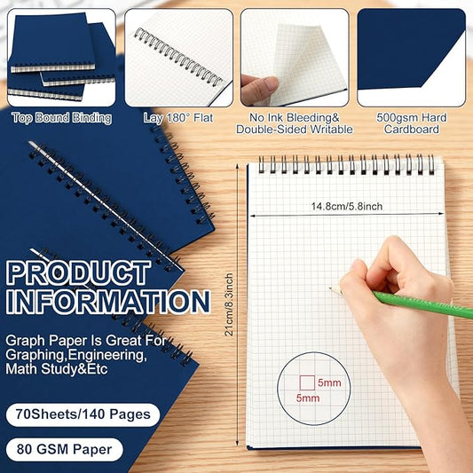 6 Pack Graph Paper Spiral Notepad A5 Top Wirebound Notepad Grid Notebook Steno Pads Memo Notebook Grid Paper 140 Pages for Writing Sketching Drawing Office Supplies (Blue)