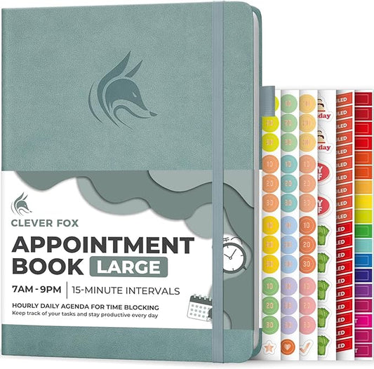 Clever Fox Appointment Book – Hourly Schedule Planner with 15-Minute Increments – Time Box Planner for Daily Work & To-Dos – Weekly & Monthly Spreads, Undated, Hardcover, 8.3x11″ (Blue Surf)