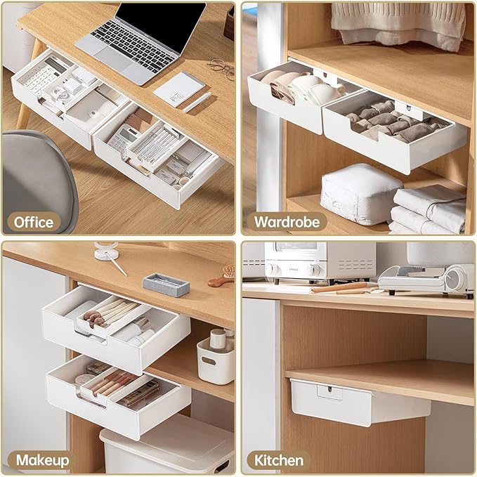 Under Desk Drawer Slide Out Hidden Under Table Storage, White Standing Under Desk Drawers Attachment with 2 Installation Methods (Screw/Adhesive), Large Under Cabinet Drawer for Office/Home