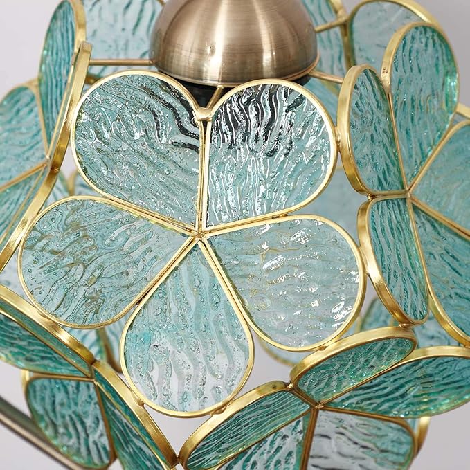 Bieye L10733 Tiffany Style Stained Glass Flower Petal Table Lamp with Brass Base for Home Décor (Light Blue, 8" Cherry Blossom)