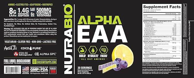 NutraBio Alpha EAA - All-Day Amino Acids for Muscle Growth and Hydration - Essential Amino Acids with Nootropics & Adaptogens- Full Spectrum EAA BCAA Powder - 30 Servings - Blueberry Lemonade
