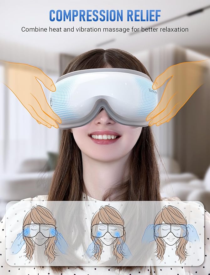 Eye Massager with Bluetooth Music, Heating & Vibration-Wireless Massage Mask for Relieving Dry Eyes, Eye Strain & Headaches, Promote Sleep, 180° Foldable, Travel, Office Users