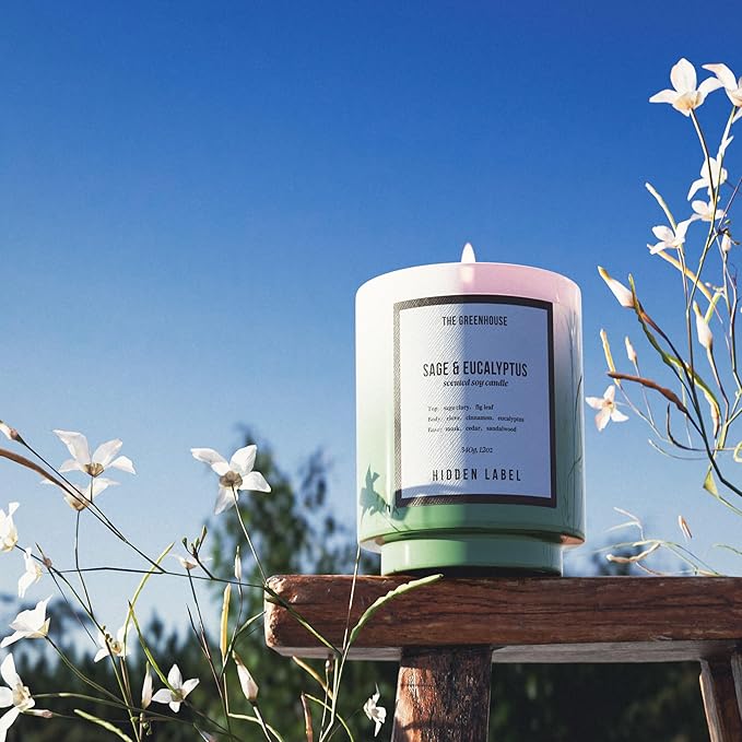 Hidden Label Eucalyptus&Sage Soy Candle, 12oz/75-Hours Burn Time, 100% Natural Candles Non Toxic, Aromatherapy Candle for Stress Relief, Meditation, Yoga & Relaxation