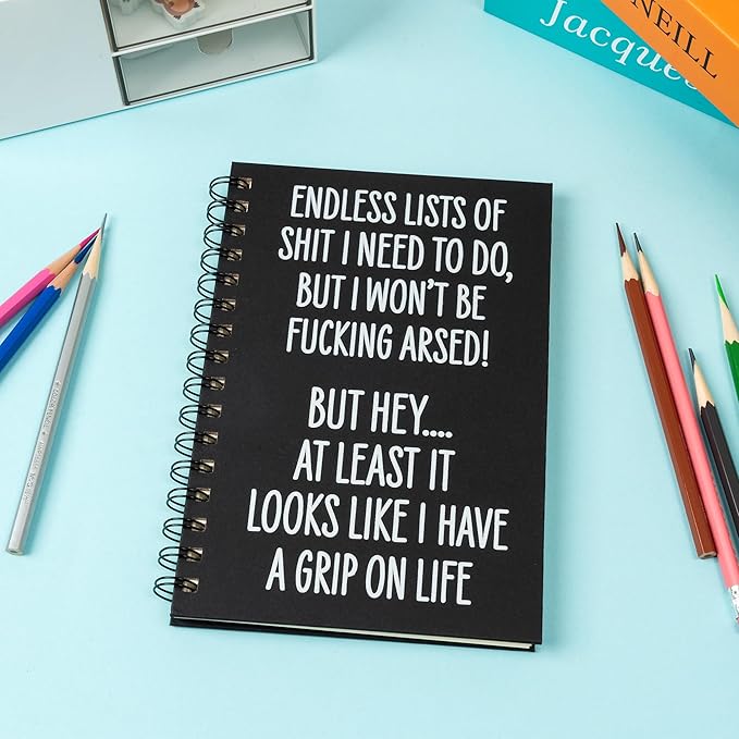 Funny Spiral Journal Notebook - 1Pcs ENDLESS LISTS Humorous Quote A5 Spiral Notebook Black Hardcover Diary Notepad Office Coworker White Elephant Gift College Student Gift Birthday Party Favor