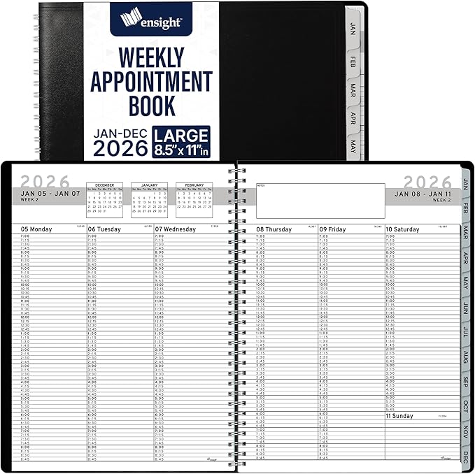 Ensight 2026 Appointment Book & Planner Ensight 8.5 x 11 inches Large Tabbed Daily Hourly Weekly Planner Schedule Book 15 Minute time Slots Business & Personal Planner Jan 2026 Dec 2026 Black