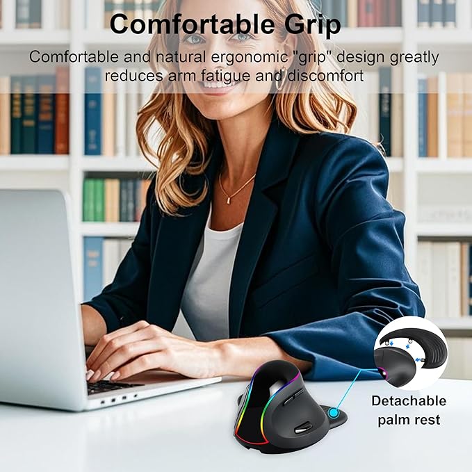 RGB Vertical Mouse 2.4G Wireless Bluetooth Wired Tri-Mode Ergonomic Mouse with Removable Palm Rest Portable Rechargeable Optical Mouse with LED Light for Laptop PC Desktop Notebook Tablet Adult Gifts