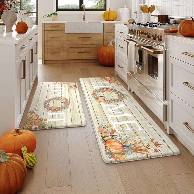 KIMODE Fall Kitchen Mat for Floor Anti Fatigue, Pumpkin Orange Kitchen Mats 2 PCS, Autumn Farmhouse Kitchen Rugs Non Slip, Cushioned Kitchen Floor Mats for Sink, Laundry, Desk 17"x47"+17"x29"