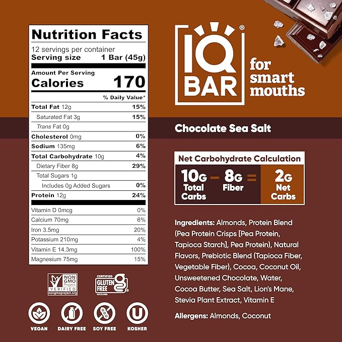 IQBAR Brain and Body Plant Protein Bars - Chocolate Sea Salt - 36-Count Low Carb - Gluten Free, High Fiber, Vegan Snacks - Low Sugar Meal Replacement