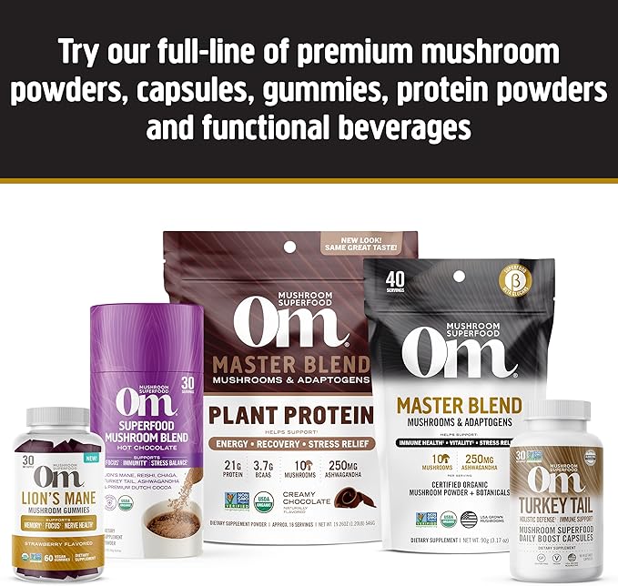 OM MUSHROOM SUPERFOOD Master Blend Mushrooms & Adaptogens, Creamy Chocolate Plant Protein, Single Serve, 10 Count, 10 Mushroom Complex, Lion's Mane, Ashwagandha, Stress Relief, GLP-1 Support