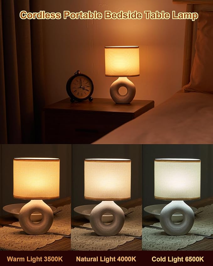 UMEXUS 10’’ Small Cordless Table Lamp with Timer & Dimmer, Battery Operated Rechargeable Lamp with Remote, Portable Light for Bedroom Living Room Outdoor Patio Bedside Bathroom Fabric Shade Beige