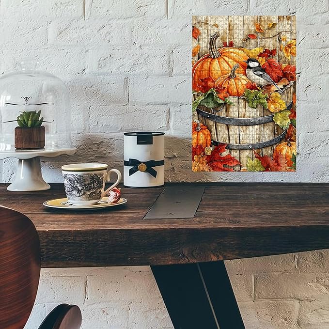 500 Piece Wooden Puzzle Jigsaw Fall Pumpkin Chickadee Puzzle Adults Humorous Challenge for Stress Relief & Brain Fun 20.4x15 Inch