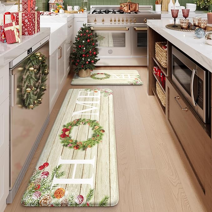 KIMODE Christmas Kitchen Mat 2PCS,Anti Fatigue Farmhouse Kitchen Rugs Non Slip,Waterproof Kitchen Floor Mat,Cushioned Comfort Standing Mat,Christmas Decorations for Home Kitchen