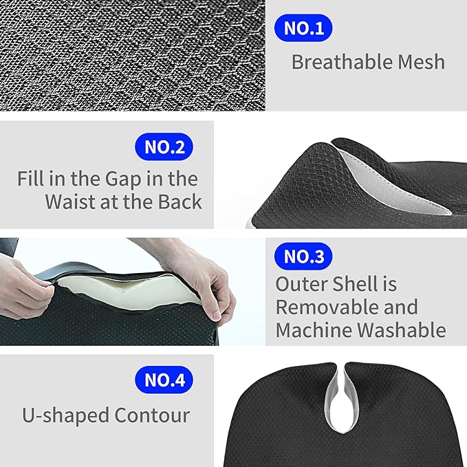 Car Seat Cushion,U-Shaped Memory Foam Seat Cushion for Back Pain Relief - 2.8In Thick Ergonomic Car & Office Chair Pad with Coccyx Cutout, Removable Cover,Universal Fit, Easy to Install(Black)