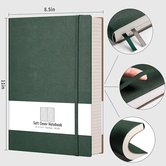AHGXG Large A4 Notebook College Ruled - 320 Pages Thick Journal for Women and Men, 8.5''×11'', 100gsm Thick Lined Paper, Leather Softcover, for Writing Work School - Green