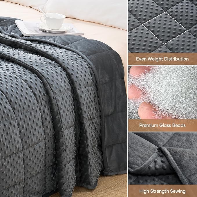 Wemore Minky Dot Weighted Blanket for Adults Twin Size 15 lb, Soft Heavy Blanket for Stress Relief and Sleep Promotion, Breathable Blanket for All-Season with Glass Beads, Dark Grey 48 x 72 inches