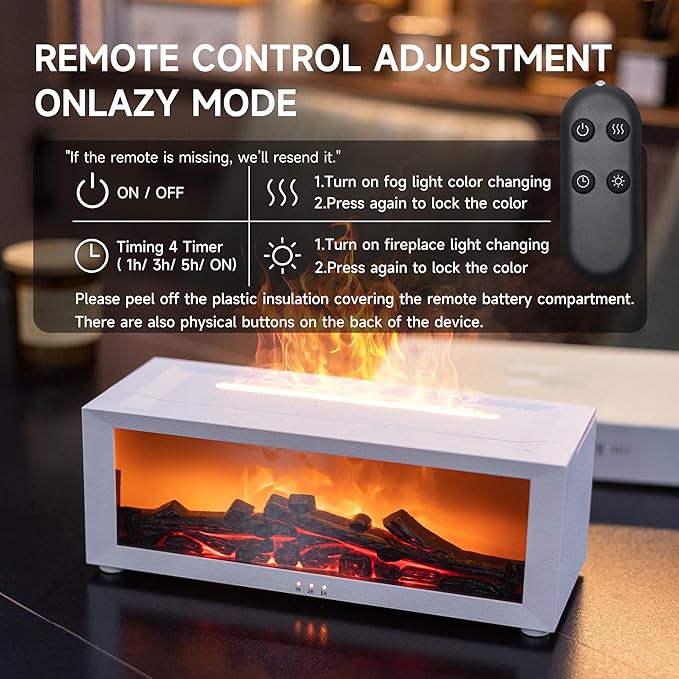 Fireplace Flame Air Diffuser Humidifier,7 Colors Aromatherapy Essential Oil Diffuser,Ultrasonic Aroma Humidifier with Timer for Home,Bedroom,Office,Yoga (WhiteA, L)