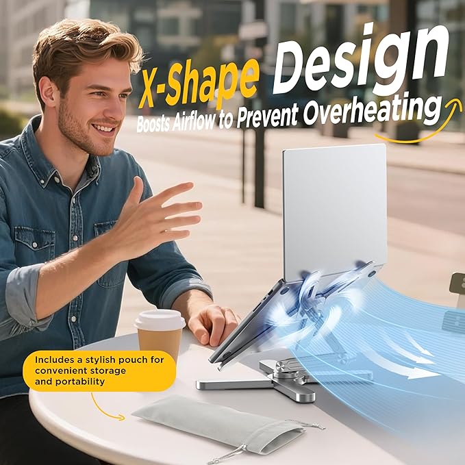 FoldWise X Premium Laptop Stand for Desk - 100% Aluminum, Portable & 360° Rotating - Adjustable Height & Angles Laptop Riser - Sturdy & Foldable MacBook Stand Compatible with All 11-18” Devices